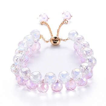 Sparkling Faceted Teardrop Glass Beads Slider Bracelets for Teen Girl Women, Golden, Pearl Pink, Inner Diameter: 1-3/4~2-3/4 inch(4.5~7cm)