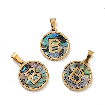 Vacuum Plating 304 Stainless Steel with Paua Shell Pendants, Golden, Flat Round with Letter Charm, Letter.B, 18x16x1.5mm, Hole: 3x6mm