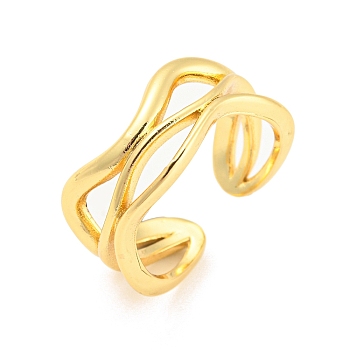 Hollow Wave Brass Open Cuff Rings, Lead Free & Cadmium Free, Real 18K Gold Plated, US Size 6 1/4(16.7mm)