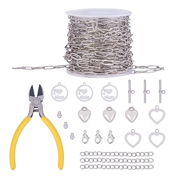 DIY Bracelets &  Necklaces Making Kits, includ Brass Paperclip Chains & Toggle Clasps & Lobster Claw Clasps, Brass Cubic Zirconia & CCB Plastic Charms, 201 Stainless Steel Flat Round Pendants, Platinum, 11x4.3x0.7mm, 5m/set