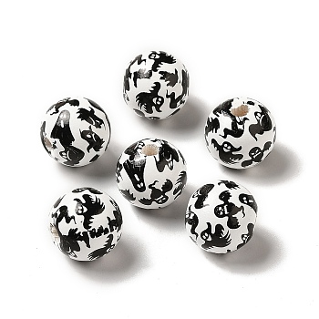 Printed Round Wood European Beads, Halloween Theme Large Hole Beads, Ghost, Black, 16mm, Hole: 4mm
