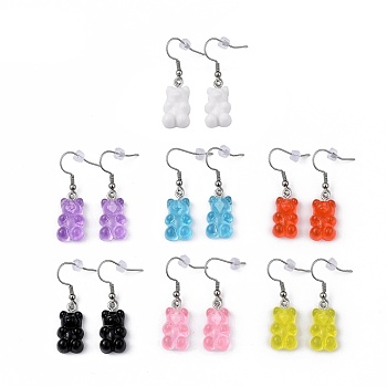 Resin Dangle Earrings, with 304 Stainless Steel Earring Hoops and Plastic Ear Nuts, Bear, Mixed Color, 39mm, Pin: 0.7mm