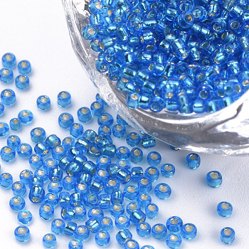 Silver Lined Glass Seed Beads, Round, Dodger Blue, 1.5~2x1mm, Hole: 0.6mm, about 120000pcs/bag, about 450g/bag