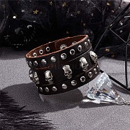 Cowhide Leather Wide Cord Bracelet, Antique Silver Iron Skull Studed Rivets Punk Rock Wristband for Men, Coconut Brown, 9-1/8 inch(23.2cm)(BJEW-WH0011-24)