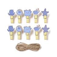 Animal Theme Wooden & Iron Clothes Pins, with Hemp Rope for Hanging Note, Photo, Clothes, Office School Supplies, Cornflower Blue, Clip: 38.5~42.5x19~24x12~13mm, 10pcs, Rope: 1400~1450x1.5mm, 1 bundle(AJEW-H137-06)