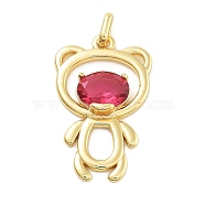 Rack Plating Brass Glass Pendants, Long-Lasting Plated, Cadmium Free & Lead Free, with Jump Rings, Bear, Fuchsia, 24.5x15x3.5mm, Hole: 3x1.5mm(KK-Z071-46G-01)