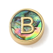 Brass Beads, with Resin Imitation Paua Shell, Flat Round, Real 14K Gold Plated, Letter B, 13.5x4mm, Hole: 1.6mm(KK-U046-17G-B)