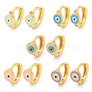 Evil Eye Real 18K Gold Plated Brass Hoop Earrings, with Enamel and Clear Cubic Zirconia, Mixed Color, 10.5x5.5mm(EJEW-L269-064G)