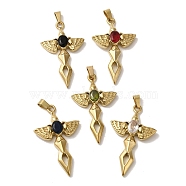 Brass Pendants, with Glass, Real 18K Gold Plated, Cross, Wing, Mixed Color, 45.5x27x6.5mm, Hole: 6x3mm(KK-C058-23G)