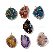 Natural Agate Big Pendants, with Rack Plating Brass Wires, Chakra Gemstone Beads, Cadmium Free & Lead Free, Dyed & Heated, Nuggets with Tree, Rose Gold, Mixed Color, 58~62x37~47x13~14mm, Hole: 4~6mm(G-H274-06RG)