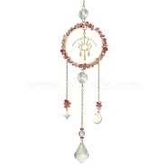 Wire Wrapped Natural South Red Agate Chip Ring Hanging Ornaments, Glass Leaf & Metal Eye Tassel Suncatchers for Home Garden Decorations, Golden, 285mm(HJEW-TA00168)