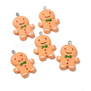 Christmas Opaque Resin Pendants, with Platinum Tone Iron Loops, Gingerbread Man Charm, Green, 35x25x4.5mm, Hole: 2mm(RESI-E022-03P-01)