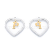 201 Stainless Steel Pendants, Hollow, Heart with Letter A~Z, Real Gold Plated & Stainless Steel Color, Letter.P, 29x29.5x1mm, Hole: 2mm, A~Z: 12x8~10.5x1mm(STAS-N090-LA894-P-P)