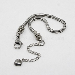 304 Stainless Steel European Round Snake Chains Bracelets, with Lobster Claw Clasp and Heart Charms, Stainless Steel Color, 170x3mm(STAS-J015-06)