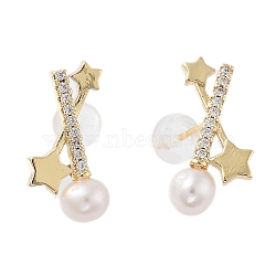 Natural Pearl Star Stud Earrings, Brass Micro Pave Cubic Zirconia Earrings with 925 Sterling Silver Pins, Real 14K Gold Plated, 18x8.5mm(EJEW-P256-75G)