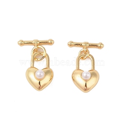 Brass Toggle Clasps, with Plastic, Lock Heart, Real 18K Gold Plated, 13.5x8.5x6.5mm, bar: 4x11x2.5mm(KK-B111-04G)