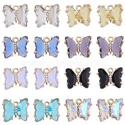 32Pcs 8 Colors Brass with Glass Charms, with Crystal Rhinestone, Butterfly, Mixed Color, 10x12x4mm, Hole: 1.2mm, 4pcs/color(KK-SC0003-58)