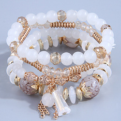 4Pcs 4 Styles Bohemian Style Alloy Glass Round Beaded Stretch Bracelets, Golden, White, 6-3/4 inch(17cm)(FS-WG80D8B-13)