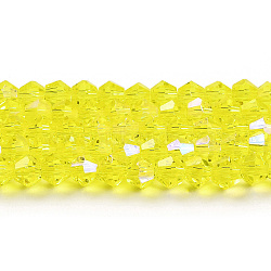 Transparent Electroplate Glass Beads Strands, AB Color Plated, Faceted, Bicone, Yellow, 4x4mm, Hole: 0.8mm, about 87~98pcs/strand, 12.76~14.61 inch(32.4~37.1cm)(GLAA-F029-4mm-D21)