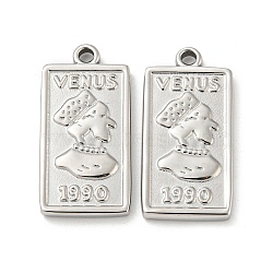 304 Stainless Steel Pendants, Rectangle with Venus & 1990 Charm, Stainless Steel Color, 25x13x2.5mm, Hole: 1.6mm(STAS-L022-210P)