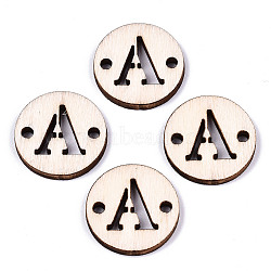 Unfinished Natural Poplar Wood Links Connectors, Laser Cut, Flat Round with Word, Letter.A, 19.5x2.5mm, Hole: 2mm(WOOD-S045-140A-01A)