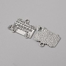 Tibetan Style Alloy Pendants, Bus with Word New York Charms, Antique Silver, 17x22.5x2mm, Hole: 2mm(FIND-CJC0018-12AS)