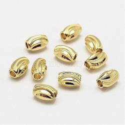 Brass Corrugated Beads, Oval, Cadmium Free & Nickel Free & Lead Free, Real 18K Gold Plated, 6x4mm, Hole: 2mm(KK-P056-06G-NR)