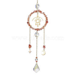 Wire Wrapped Natural South Red Agate Chip Ring Hanging Ornaments, Glass Leaf & Metal Eye Tassel Suncatchers for Home Garden Decorations, Golden, 285mm(HJEW-TA00168)