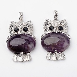 Natural Amethyst Pendants, Owl, with Brass Findings, Platinum, Lead Free & Nickel Free, 45x25x8mm, Hole: 4x6mm(X-G-G884-B10-FF)