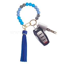 Silicone Round Beaded Keychain with Imitation Leather Tassel, with Alloy Swivel Clasps and 304 Stainless Steel Split Key Rings, Blue, 25cm(KEYC-SW00005-02)