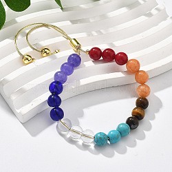 Long-Lasting Plated Brass Beads Slider Bracelets for Women, with Natural Tiger Eye & Dyed Jade &  Synthetic Turquoise & Lampwork Beads, Golden, Inner Diameter: 1-3/4~3-1/4 inch(4.5~8.3cm)(BJEW-K268-01G)