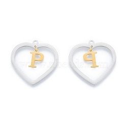 201 Stainless Steel Pendants, Hollow, Heart with Letter A~Z, Real Gold Plated & Stainless Steel Color, Letter.P, 29x29.5x1mm, Hole: 2mm, A~Z: 12x8~10.5x1mm(STAS-N090-LA894-P-P)