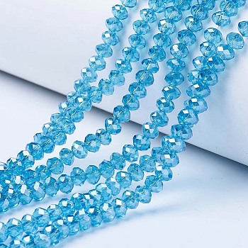 Electroplate Glass Beads Strands, Pearl Luster Plated, Faceted, Rondelle, Deep Sky Blue, 6x5mm, Hole: 1mm, about 83~85pcs/strand, 38~39cm