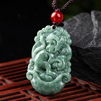Natural Jadeite Pendant Necklaces, with Resin Bead and Wax Rope, the 12 Chinese Zodiac, Monkey, 27.01 inch(68.6cm), Pendant: 35x22.5mm