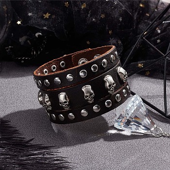 Cowhide Leather Wide Cord Bracelet, Antique Silver Iron Skull Studed Rivets Punk Rock Wristband for Men, Coconut Brown, 9-1/8 inch(23.2cm)