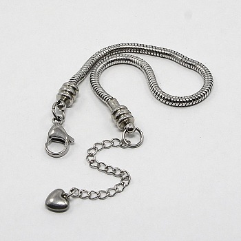 304 Stainless Steel European Round Snake Chains Bracelets, with Lobster Claw Clasp and Heart Charms, Stainless Steel Color, 170x3mm
