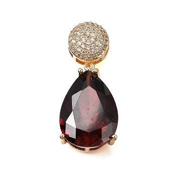 Brass Pave Cubic Zirconia Pendants, Teardrop Charms, Real 18K Gold Plated, Dark Red, 30.5mm, Hole: 4x2.5mm