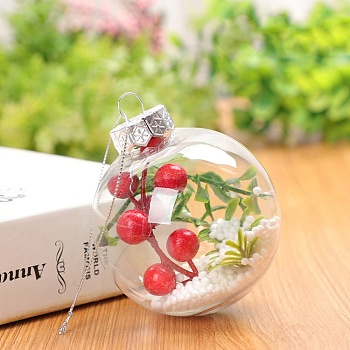 Transparent Plastic Fillable Ball Pendants Decorations, with Red Fruit inside, Christmas Tree Hanging Ornament, Clear, 60mm