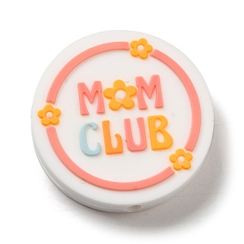 Flat Round with Word Mom Club Silicone Focal Beads, Chewing Beads For Teethers, DIY Nursing Necklaces Making, WhiteSmoke, 27.5x6.5mm, Hole: 3mm