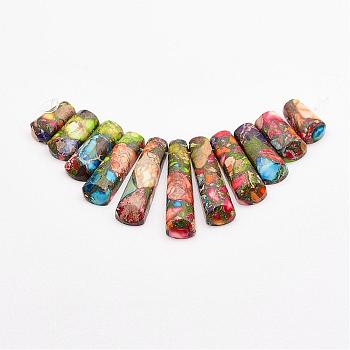 Assembled Gold Line and Imperial Jasper Beads Strands, Graduated Fan Pendants, Focal Beads, Dyed, Colorful, 16~39x9.5~10x5mm, Hole: 1mm, 11pcs/strand, 3.27 inch