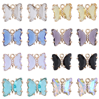 32Pcs 8 Colors Brass with Glass Charms, with Crystal Rhinestone, Butterfly, Mixed Color, 10x12x4mm, Hole: 1.2mm, 4pcs/color