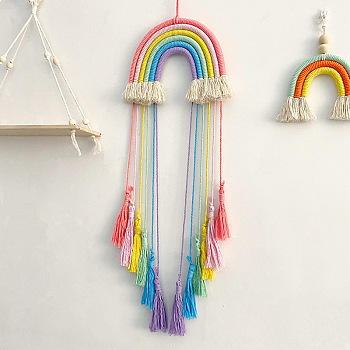 Handmade Macrame Cotton Cord Woven Rainbow Tassel Wall Hanging, Boho Style Hanging Ornament, for Home Decoration, Colorful, 600x230mm