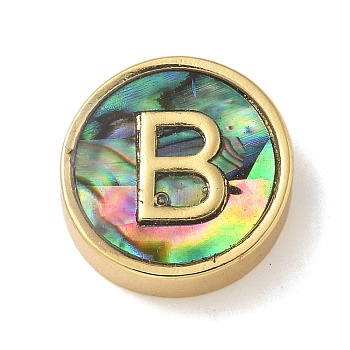 Brass Beads, with Resin Imitation Paua Shell, Flat Round, Real 14K Gold Plated, Letter B, 13.5x4mm, Hole: 1.6mm