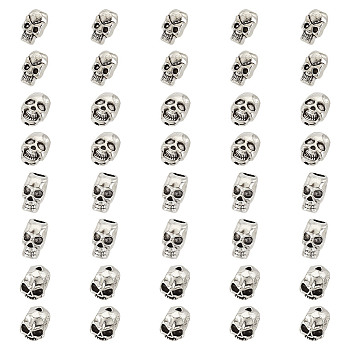 40Pcs 4 Styles Halloween Theme Tibetan Style Alloy Beads, Skull, Antique Silver, 8~12x6~10x6~11mm, hole: 1.5~4mm, 10pcs/style