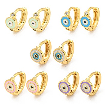 Evil Eye Real 18K Gold Plated Brass Hoop Earrings, with Enamel and Clear Cubic Zirconia, Mixed Color, 10.5x5.5mm