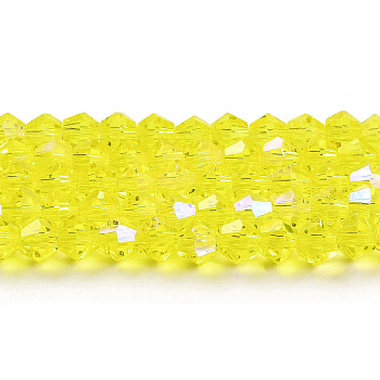 Transparent Electroplate Glass Beads Strands, AB Color Plated, Faceted, Bicone, Yellow, 4x4mm, Hole: 0.8mm, about 87~98pcs/strand, 12.76~14.61 inch(32.4~37.1cm)