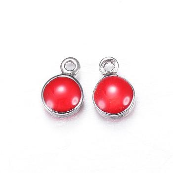 304 Stainless Steel Enamel Charms, Enamelled Sequins, Flat Round, Red, 7x4.5x3mm, Hole: 1mm
