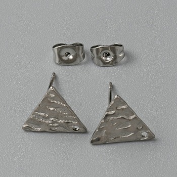 304 Stainless Steel Textured Geometry Stud Earring Findings with Hole, Stainless Steel Color, Triangle, 10.5x12mm, Hole: 1mm, Pin: 0.6mm