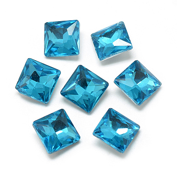 Pointed Back Glass Rhinestone Cabochons, Back Plated, Faceted, Square, Deep Sky Blue, 8x8x3.5mm