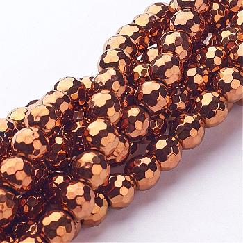 Non-magnetic Synthetic Hematite Beads Strands, Vacuum Plating, Faceted(128 Facets), Round, Red Copper Plated, 2mm